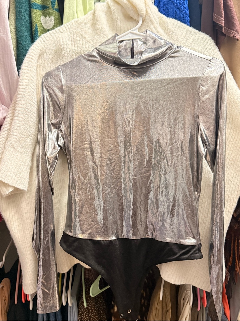 AFRM Silver Metallic Long-Sleeve Bodysuit with Black Bottom